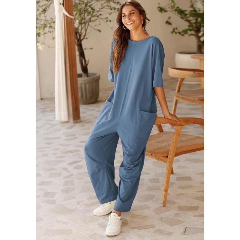 ZESICA Jumpsuit Relaxed Fit Boho Sz Medium Light Blue Wide Leg Pockets Viscose